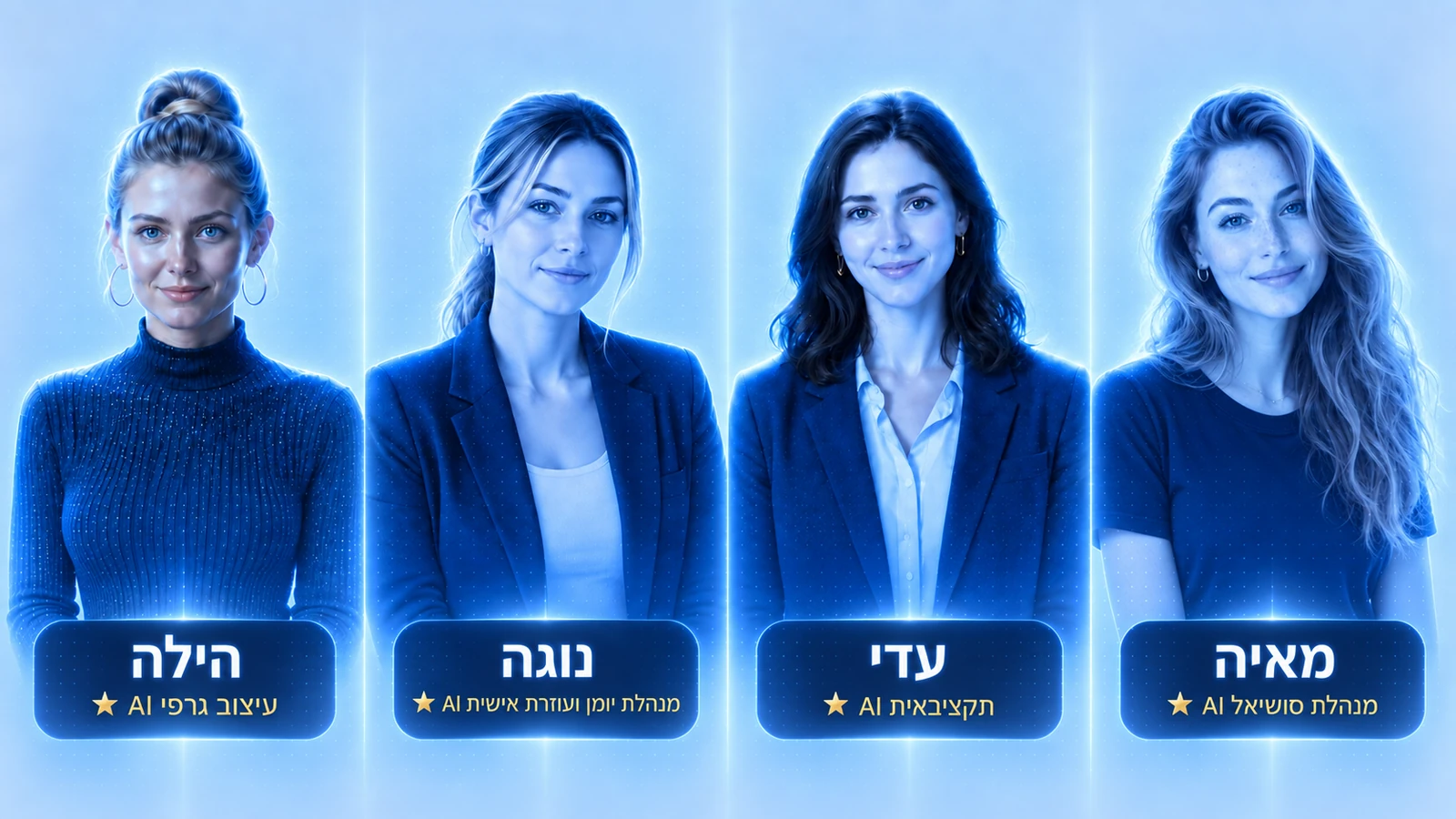 ארבע מתוך צוות ה־AI של Creanory. שלוש חבילות חודשיות: בסיס 99 ₪, פרימיום 249 ₪ ומתקדם 499 ₪ לחודש, לא כולל מע״מ.