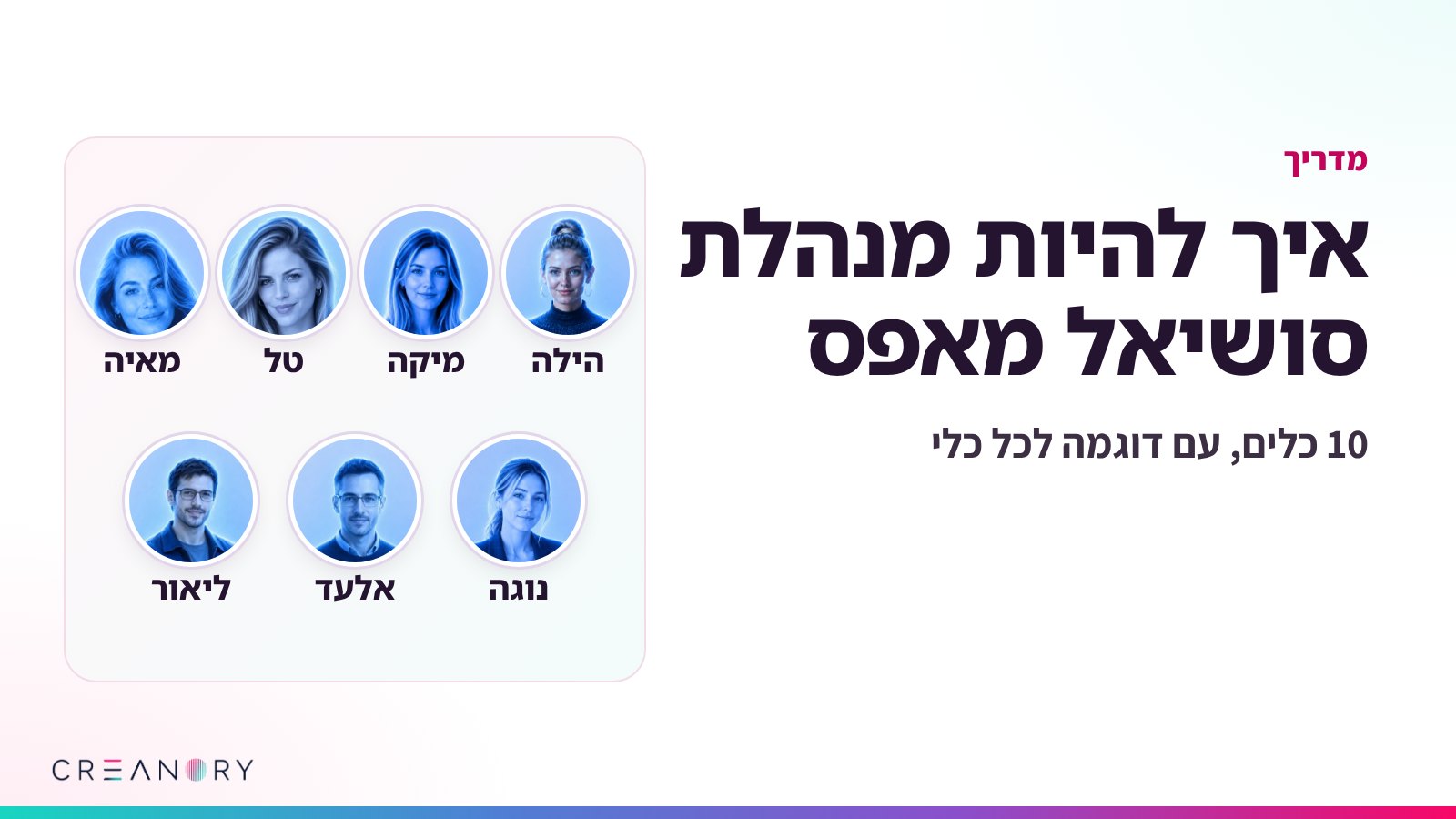 איך להיות מנהלת סושיאל מאפס: הכותרת, ולצידה אנשי ה־AI של קרינורי, הילה, מיקה, טל, מאיה, נוגה, אלעד וליאור